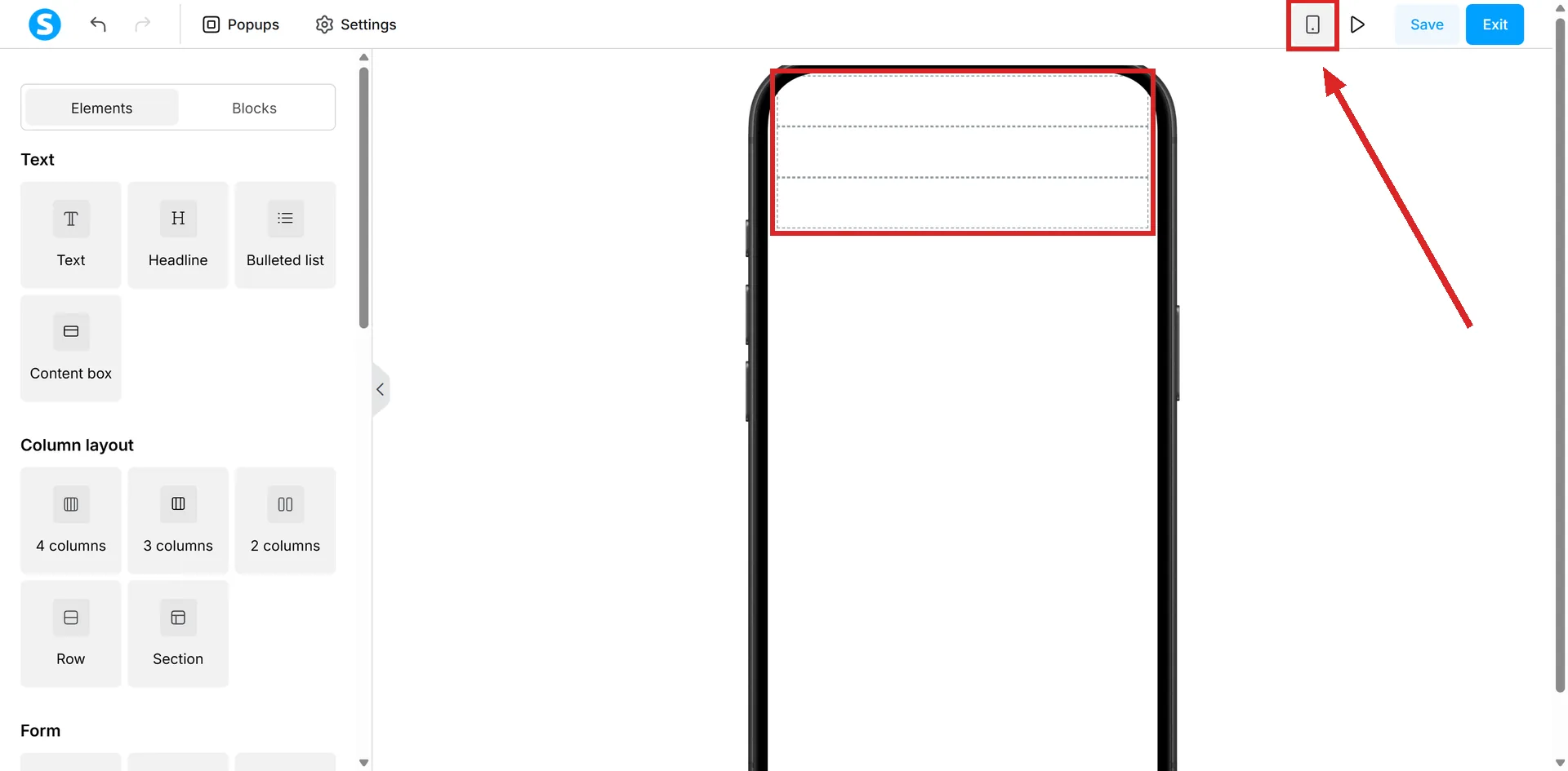 The systeme.io page editor in mobile view, with the mobile icon and three stacked columns highlighted.