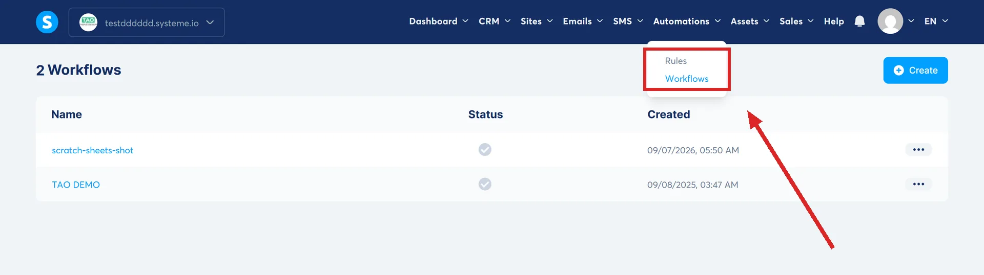 The systeme.io Automations menu open, with its Rules and Workflows entries highlighted.