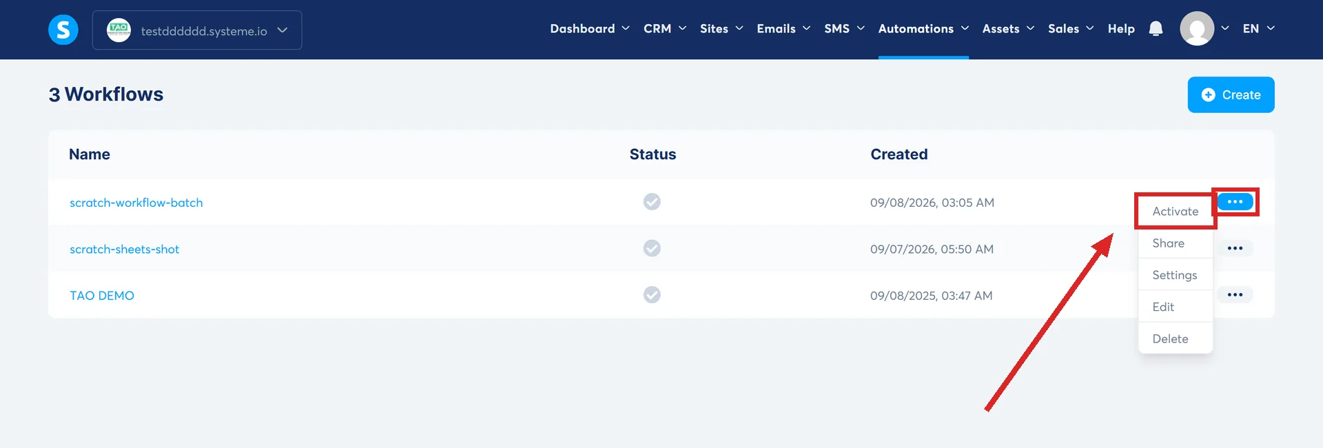 The systeme.io workflow list with a workflow's three-dots menu open and Activate highlighted.