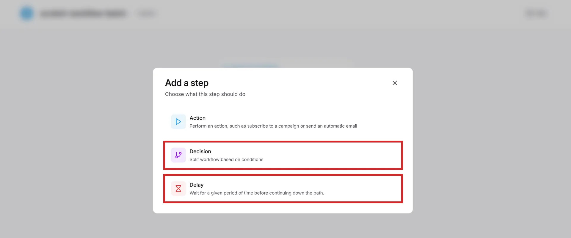The Add a step dialog inside a systeme.io workflow, with the Decision and Delay step types highlighted.