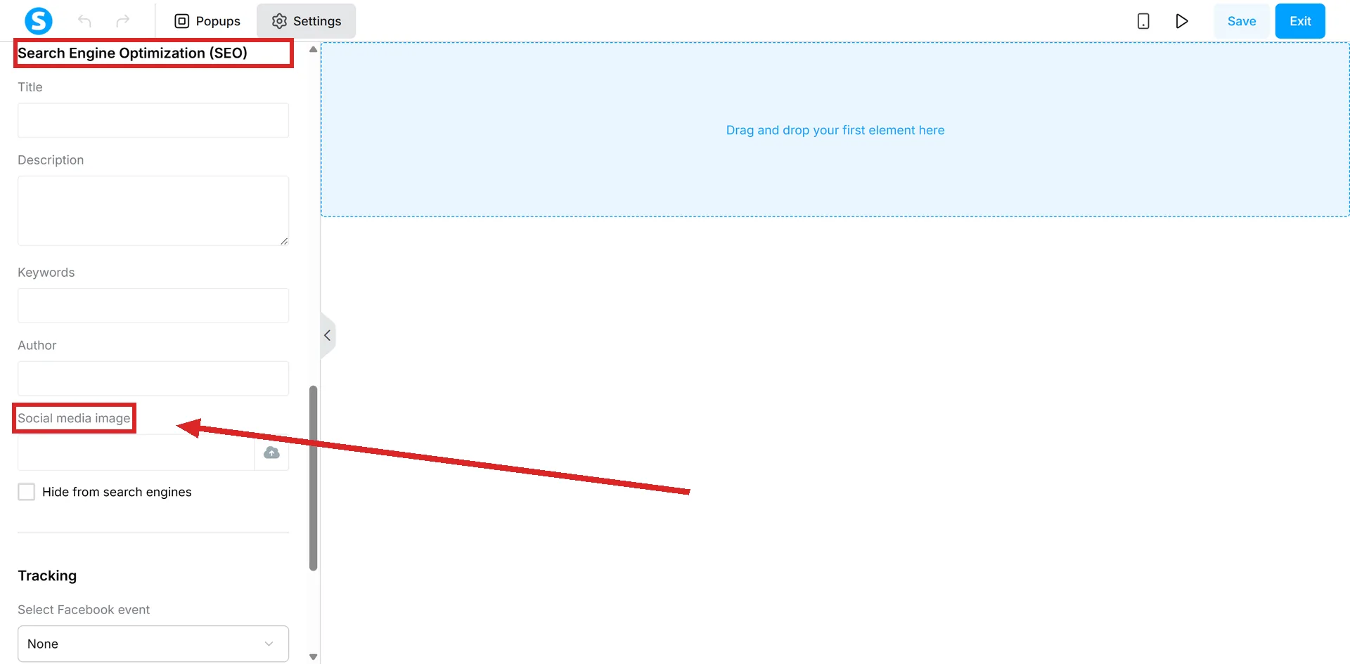 The systeme.io page editor's Settings panel scrolled to Search Engine Optimization, with the heading and the Social media image field highlighted.